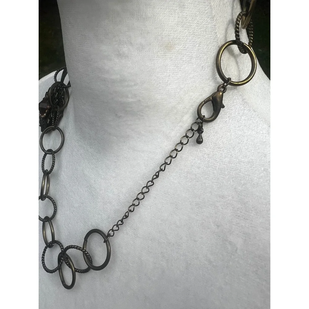 Art Deco Style Antique‎ Brass Amber Glass Filigree Medallion Necklace